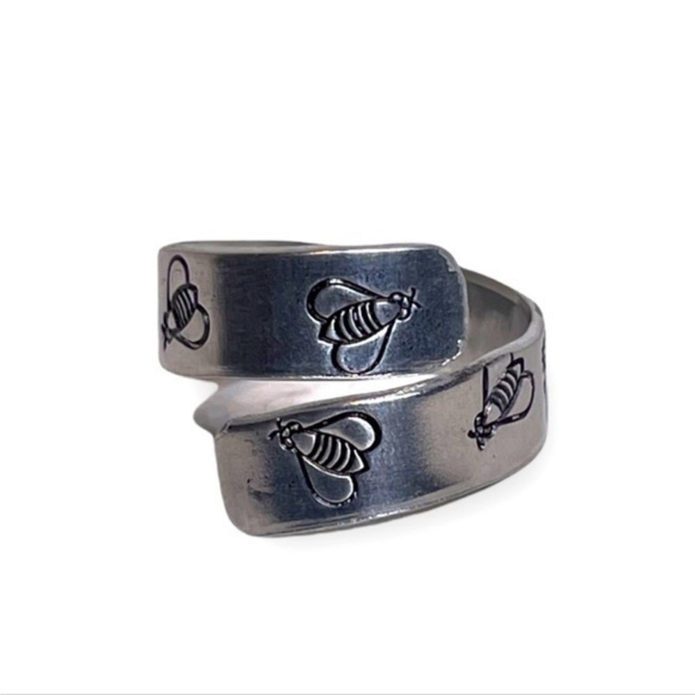Handmade 8/9 ring stamped bee floral silver‎ adjustable hypoallergenic wrap ring